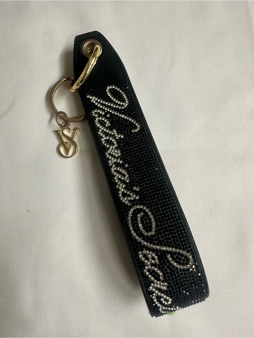 Victoria's Secret Black Jeweled Wristlet Key & Card Holder with Gold Charm
